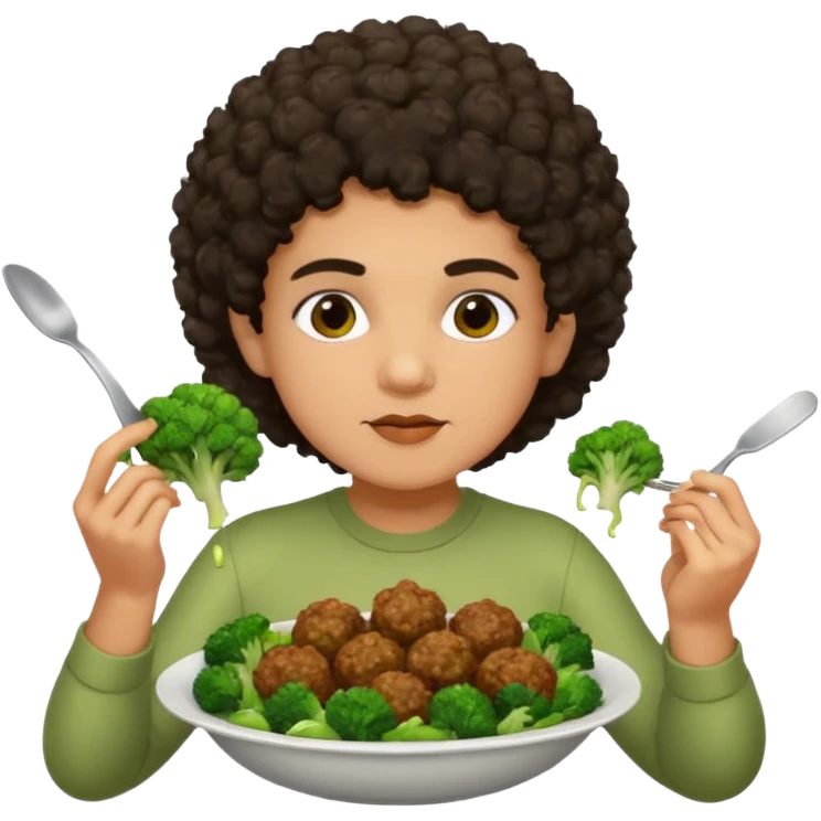 Grillo con capelli ricci scuri che mangia broccoli bolliti e polpette emoji