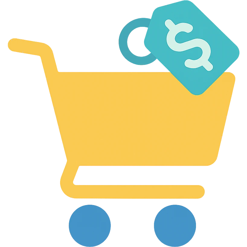 Shopping cart with a price tag, flat emoji style, outline with blue and turquoise colors emoji