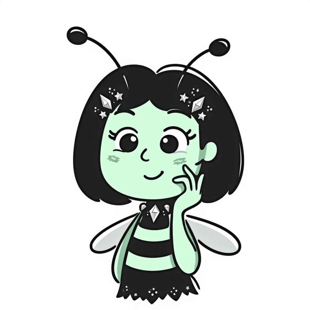 Mint green woman bee character with diamond decorations, rhinestone jewelry, and glittery sparkly details emoji