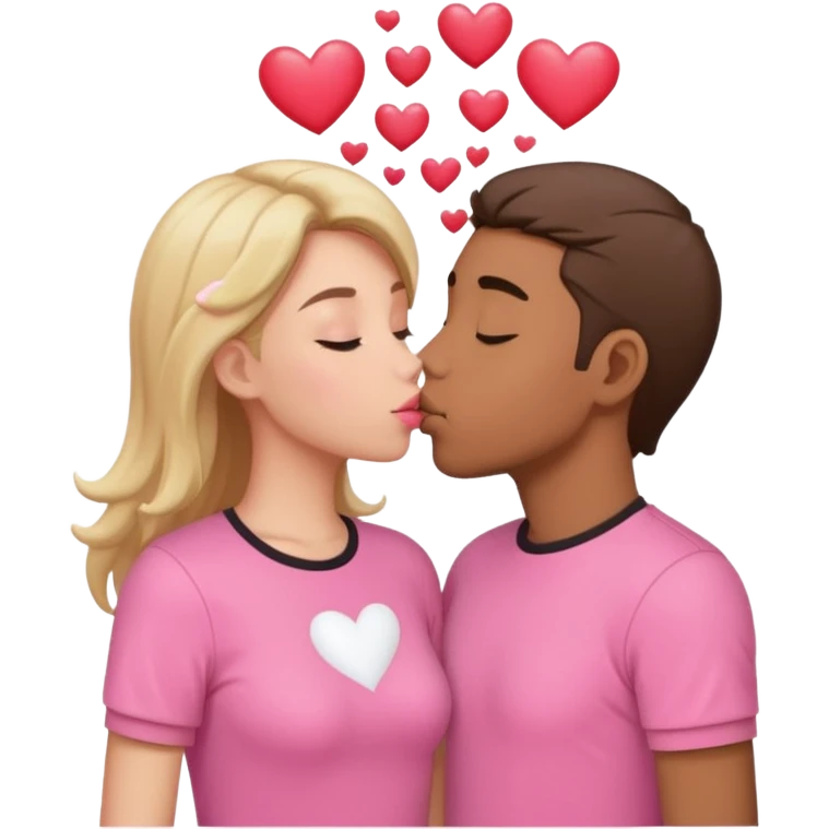 Couple kissing pink shirts, hearts floating around  emoji