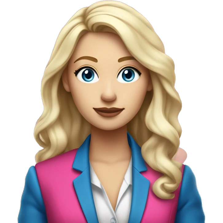 a 25 years old business woman in finance with long curled platinum blonde hair wearing hot pink blazer. she is white and has blue eyes with a pink blazer emoji