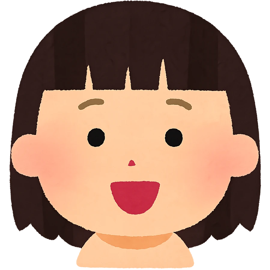 Irasutoya style head, round face, soft colors, simple features, cheerful expression, straight hair with bangs, no neck emoji