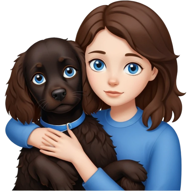 girl with blue eyes and brown hair hugging black spaniel emoji