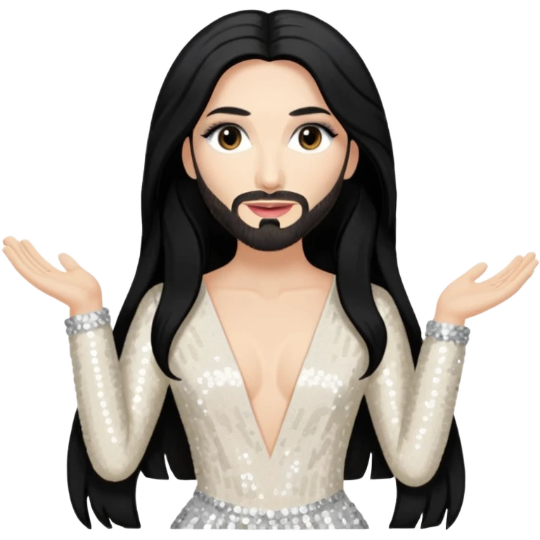 Conchita Wurst with long black hair, ivory sequin outfit emoji