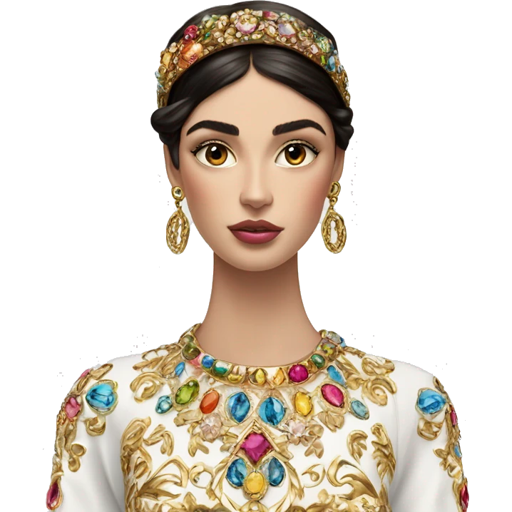 Dolce and Gabbana Italian model with dark hair and headband with colourful pastel ornament and golden detais  emoji