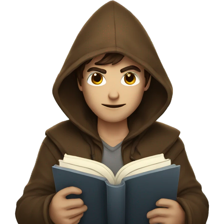 human male rogue with brown hair holding a book wearing a hood emoji