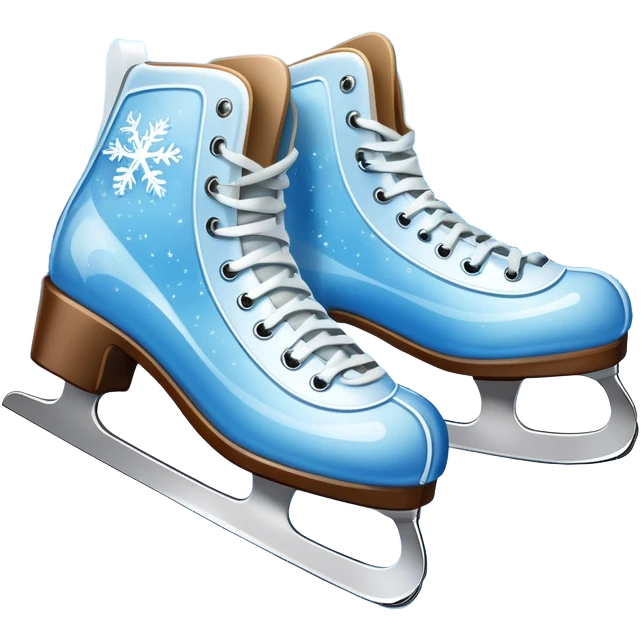 An icon showing In the background, twinkling lights, winter trees, and blue sky. a pair of elegant ice skates gliding across a smooth, frozen rink with snowflakes in the air. Transparent background highlights the grace and charm of ice skating. emoji