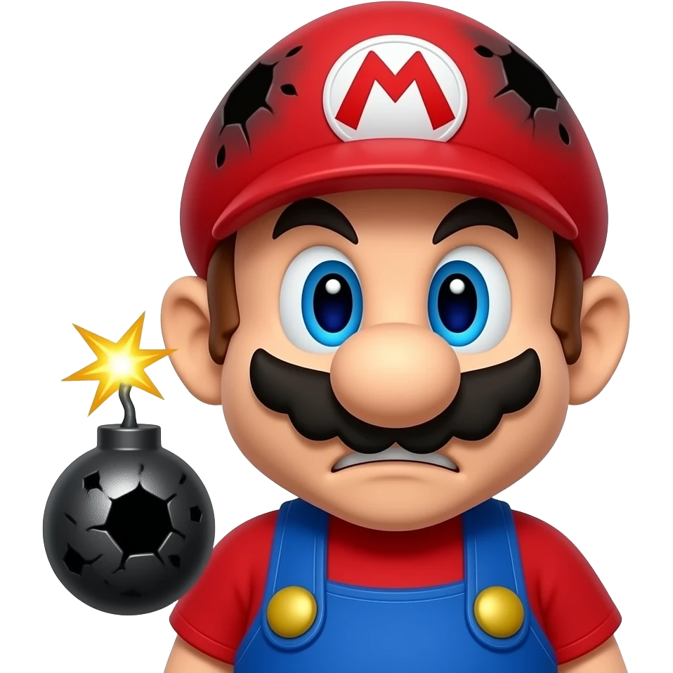 I need a mario emoji with mario being blackened by bombing (defeated expression) emoji