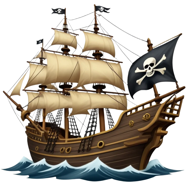 An icon representing an adventure game, inspired by high-seas exploration. The design features a fearless pirate gripping the wheel of a grand sailing ship, its tattered Jolly Roger flag billowing as it cuts through stormy waters. The scene evokes danger, treasure, and the thrill of the open sea. Transparent background. emoji