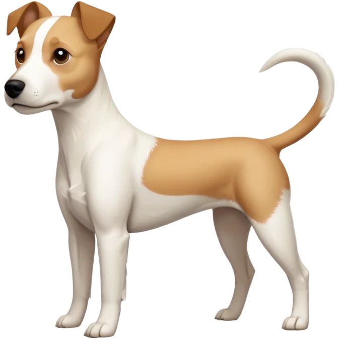 a full body facing front on of a buff white parson russell terrier looking dog the size of a kelpie with light brown long ears resting on its face and a light brown patch above one eye and a large snout. the rest of the dog is completely white.  emoji