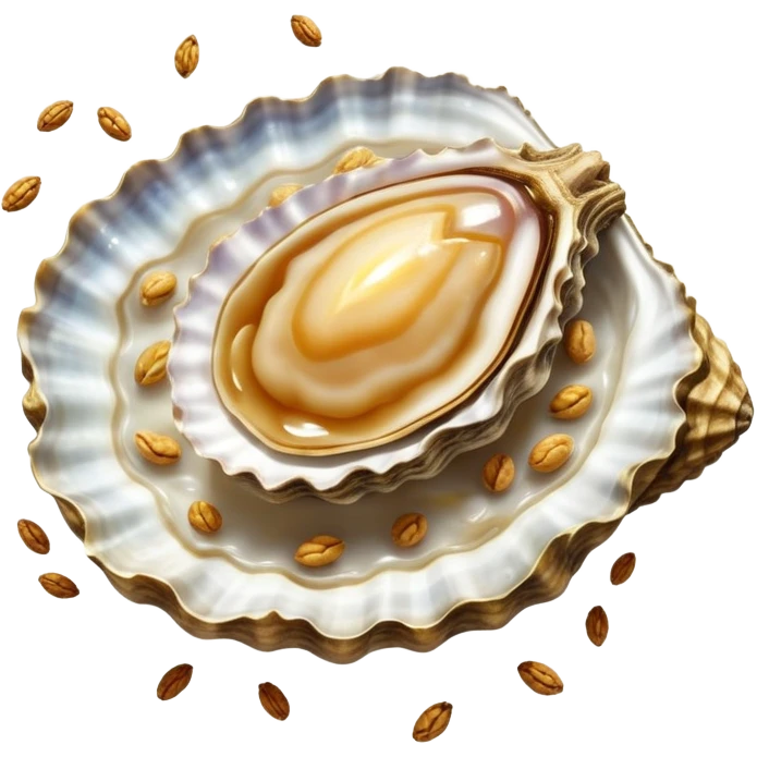 Ethereal oyster, golden walnuts, floating seeds, and a shining cut of lean meat spiraling around a small shield of light. Soft rays extend from the shield towards an illuminated body showing active cellular repair and regeneration. Foods emit a subtle glow as they orbit the protective shield. emoji
