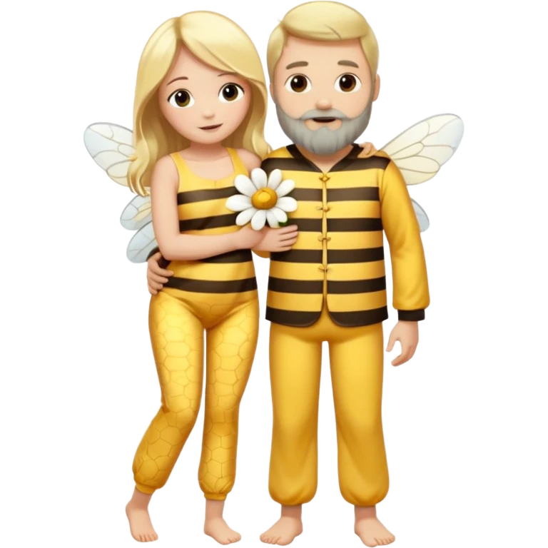 Grown up man with long dark brown long, white skin, medium beard, full body in cute bee pijama hugging a woman with blonde hair, white skin, dressed as a flower  emoji