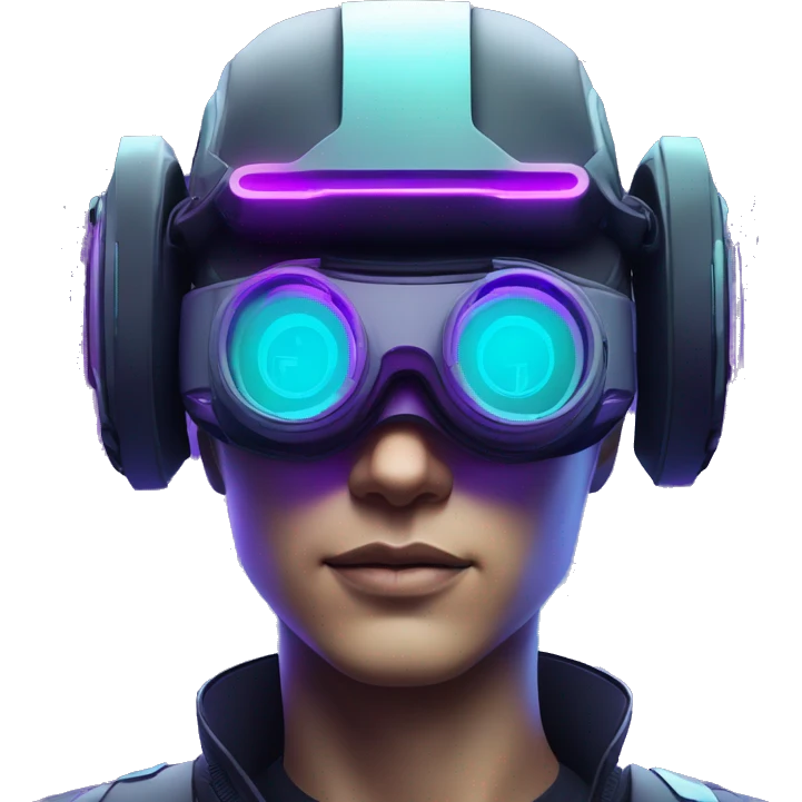 Secret human agent in a futuristic hat with in Apple VR goggles headset code display on the goggles , cyberpunk, cyan and purple colors, only upper body portrait, front facing the camera  emoji