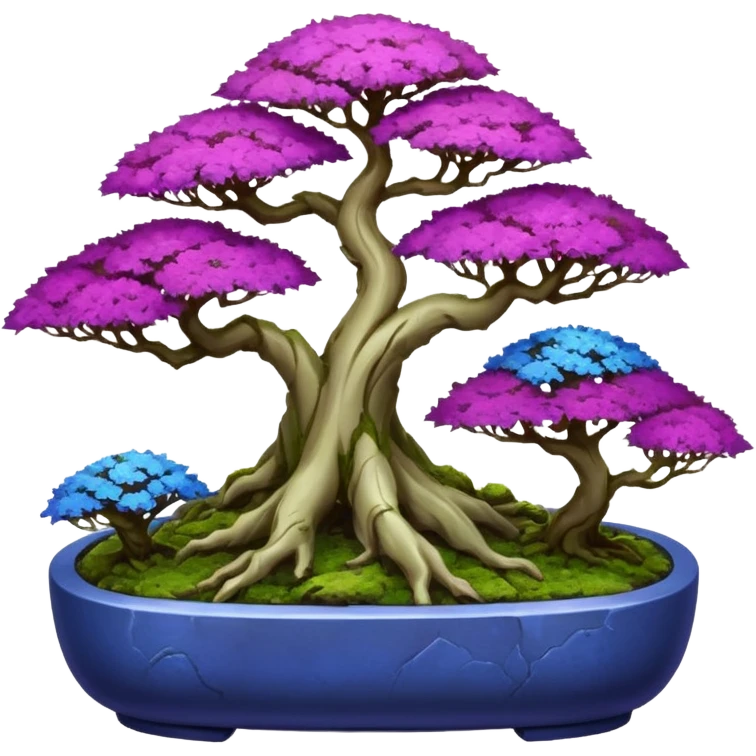 Futuristic wild glowing et alien moss maples Bonsai hair-fine-leaf group crimson crystal boxwood purple and cream pink blue informal rocky cliffhanger forest planting in shallow slab style pot  emoji