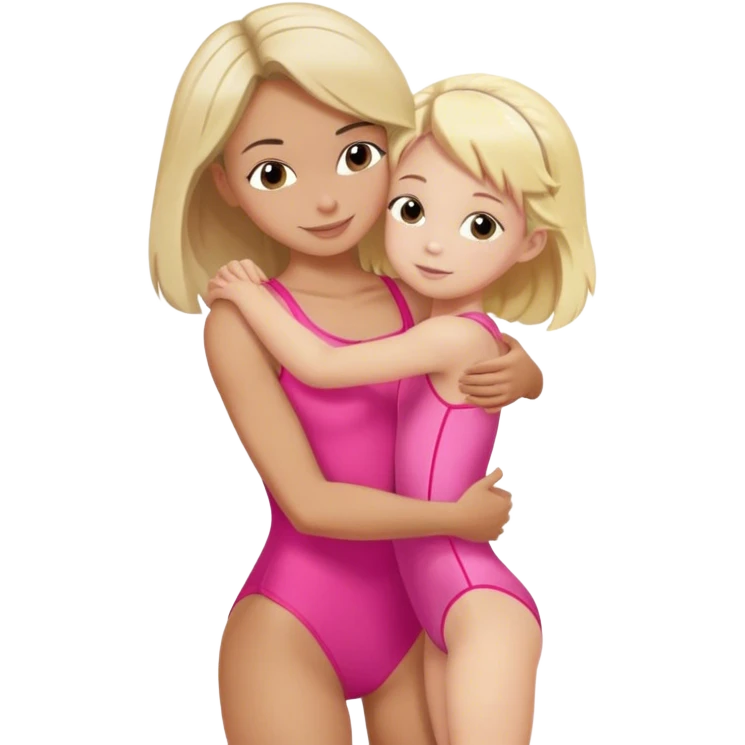 brunette trainer hugs a blonde child in a pink leotard emoji
