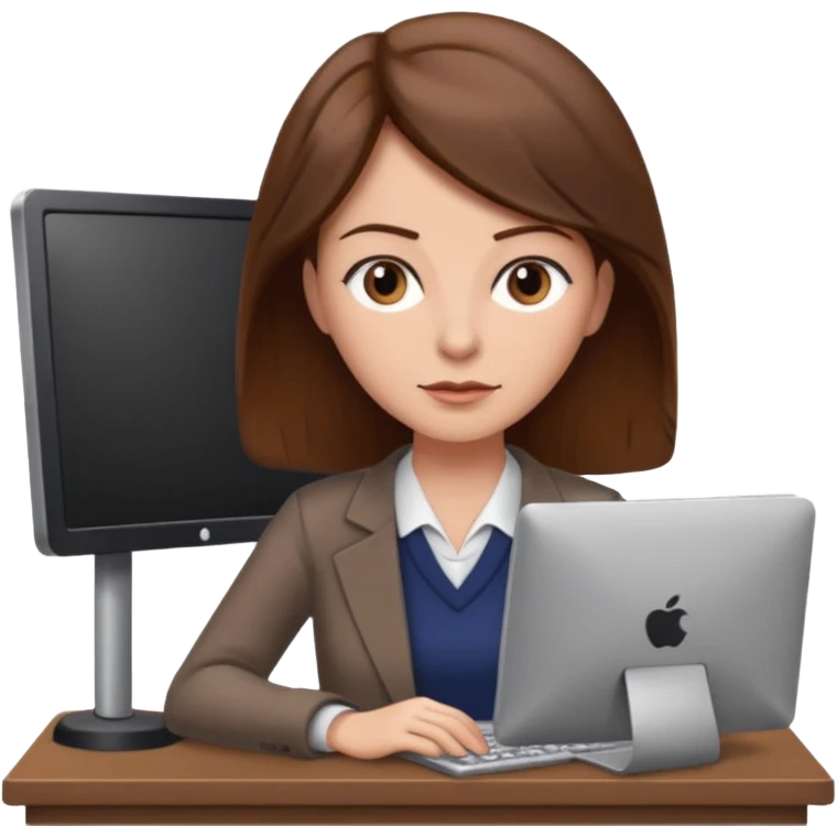 Uma mulher de cabelo castanho que é professora e um pouco brava a trabalhar no computador sem usar óculos emoji