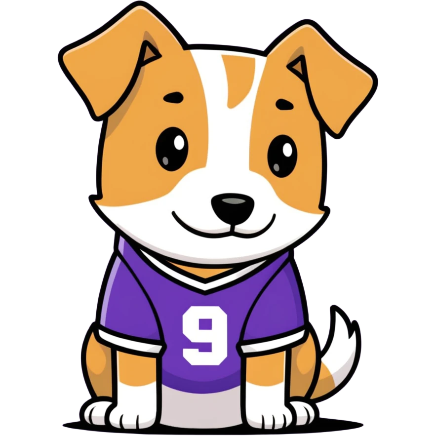 Dog in the street with a purple jersey wearing 9 emoji