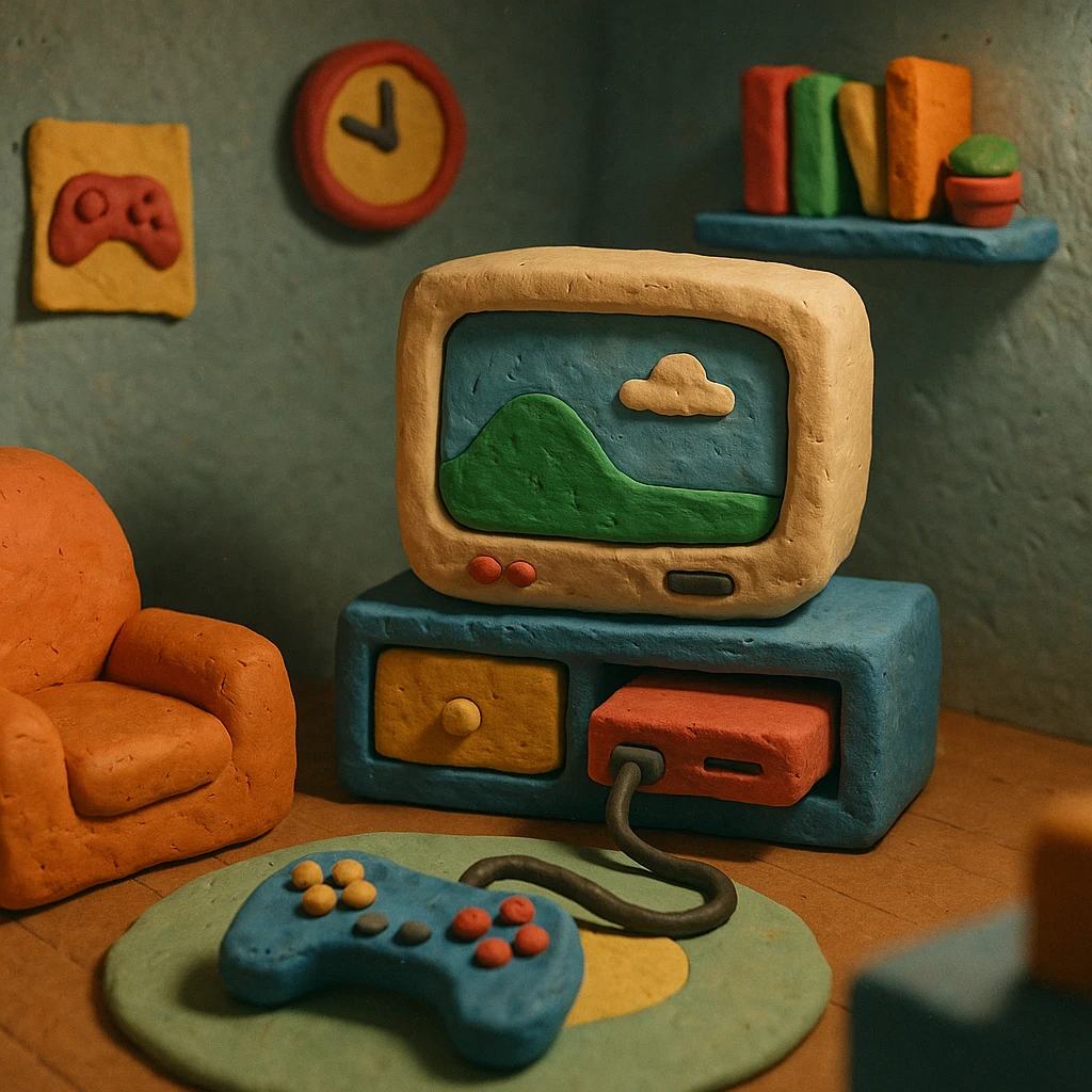 gaming room with playful details in claymation style emoji
