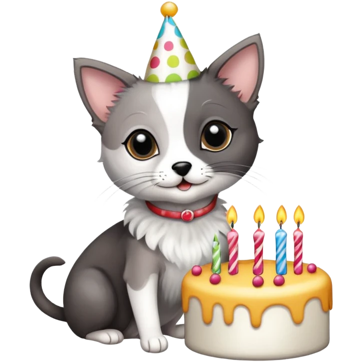 Black and white cat with Italian greyhound celebrating birthday emoji