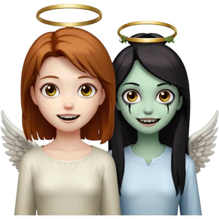 девушка ангел с нимбом и крыльями, с рыжими прямыми волосами по плечи, с улыбкой, стоит рядом с девушка зомби с темными длинными прямыми золосами, со злым выражением лица и ровными белыми зубами в стиле Apple avatar emoji