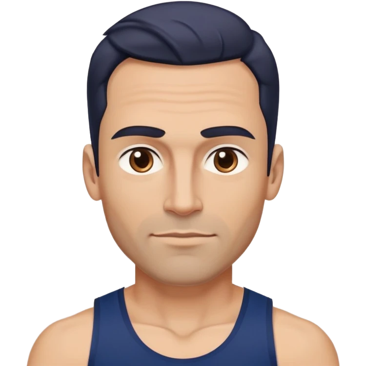 Youthful-looking athletic 40-year-old man with light brown skin, elongated face, defined jawline, attractive features, medium dark eyes, arched eyebrows, straight nose, confident expression, medium wavy dark hair with modern style, wearing a navy blue tank top emoji