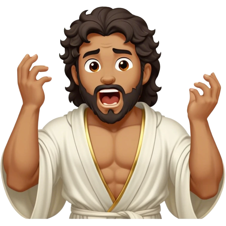 Cinematic Realistic Hercules Portrait, head tilted slightly with a dramatic, wide-open yawn, capturing a moment of relaxed vulnerability in this Disney-inspired Greek hero reminiscent of Michelangelo's David. His idealized bronze skin and thick, wavy dark hair maintain sculptural perfection even in repose, while his flowing white robe with understated golden accents softly catches ambient light, revealing a tender glimpse of serene, timeless strength. emoji