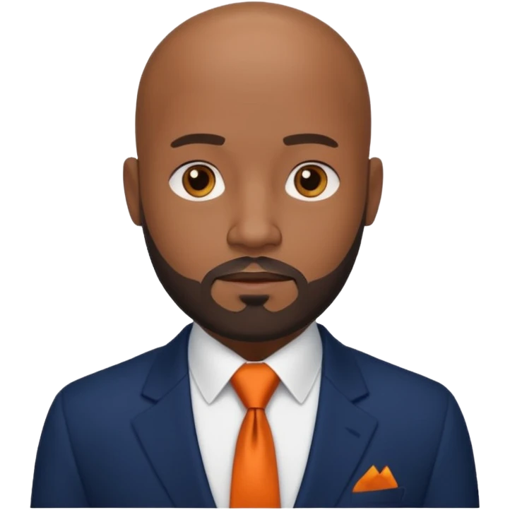 headshot of a sophisticated, stylish, bald head Caribbean black man with a beard and goatee in a navy blue suite, white shirt and dark orange tie with small eyes emoji