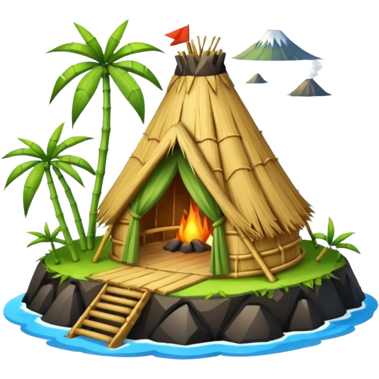 bamboo hut with volcano in the back in Volcano Island  emoji