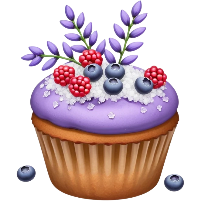 Lavender flower sprigs on a muffin with berries and sugar crystals without frosting  emoji