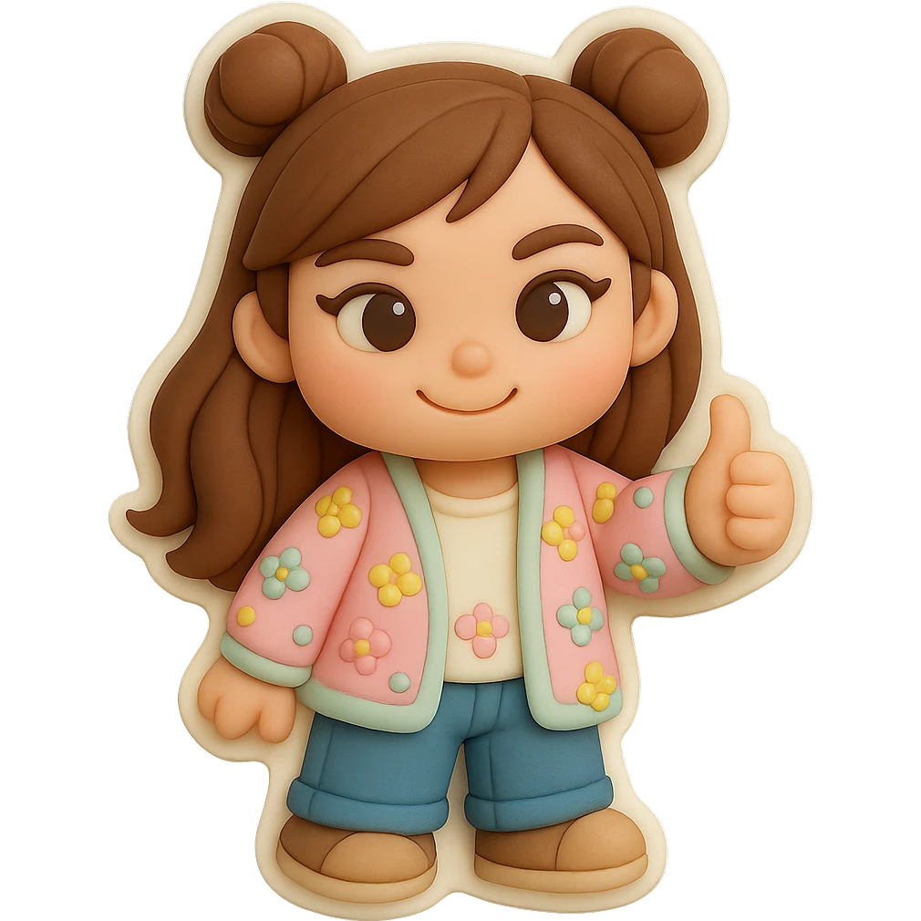 3D chibi fondant cake art style, high-quality rendering with smooth shadows and soft gradients. Girl based on reference image, preserving facial features and eye shape exactly as in the 'thumbs down' sticker. Long brown hair in two space buns, brown eyes, jeans, pastel floral cardigan, shoes. Thumbs up, gentle closed-mouth smile. Thick white outline like a sticker, transparent background. Ensure the face, hairstyle, eye shape, and shoes match the reference exactly. emoji