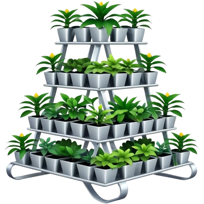 Very Large alien-futuristic multi-tier multi-level square-sided plant rack, which holds thirty-five plants, constructed from plywood emoji