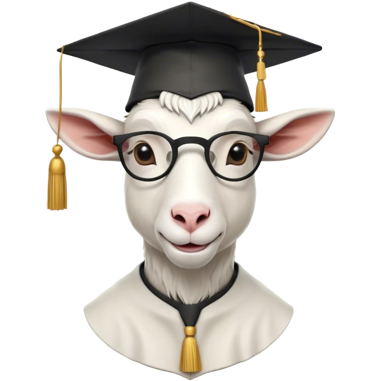 A minimalistic and cartoonish bust of a goat wearing a classic graduation cap (mortarboard) with a tassel hanging slightly to one side. The goat has a confident yet slightly goofy expression, with small round glasses on its nose to emphasize intelligence. It is dressed in a simple academic gown or a collar with a red bow tie for a scholarly look. The background is plain white to keep the focus on the character. The design is sleek, modern, and fun, with smooth lines and soft shading. emoji