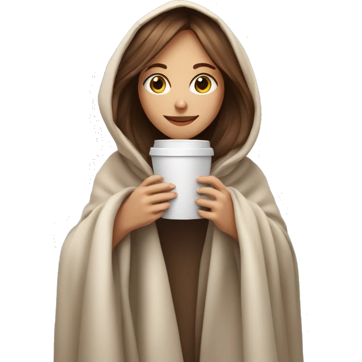 pale sking brown hair girl holding a coffee cup inside a blanket emoji