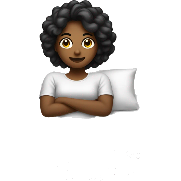 Una mujer color piel blanca con cabello rizado negro durmiendo en una cama  emoji