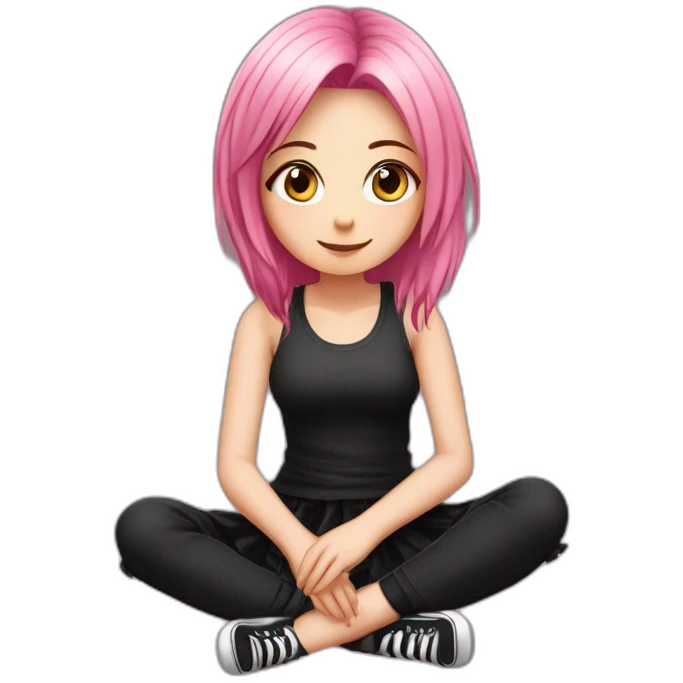 Full body Front view curvy emo girl pink hair sits on the floor straight view hands up black skirt полосатые рваные чулки emoji
