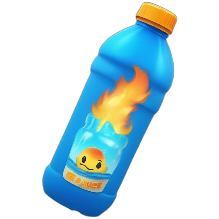 plastic bottle with blue cap, and detitle being SLAP in blue color with a yellowish cartoony fire on the background and the juice being orange emoji