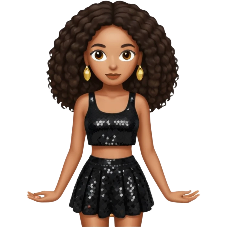 Solange with dark brown long hair, black sequin crop top and skirt emoji