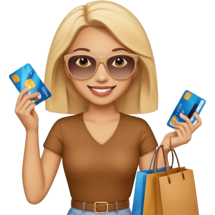 light skin woman with sunglasses, holding a credit card and shopping bags emoji