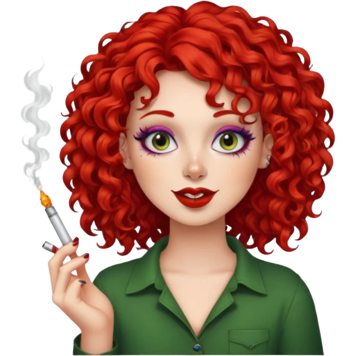 bright red curly hair alt girl with makeup and piercings smoking weed emoji