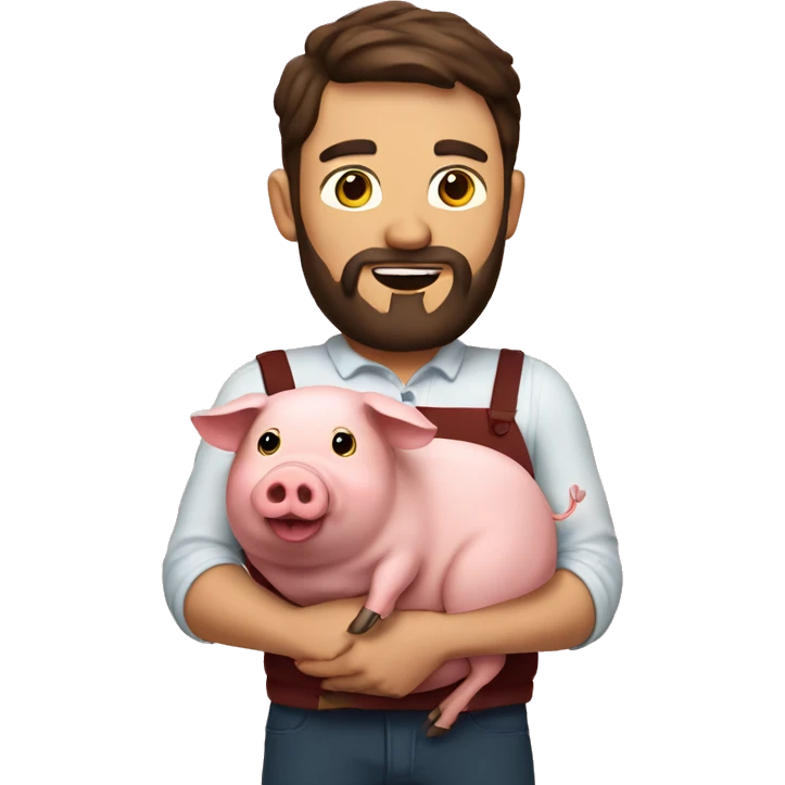 Brunette man with beard holding a pig and has a lot of bacon around  emoji