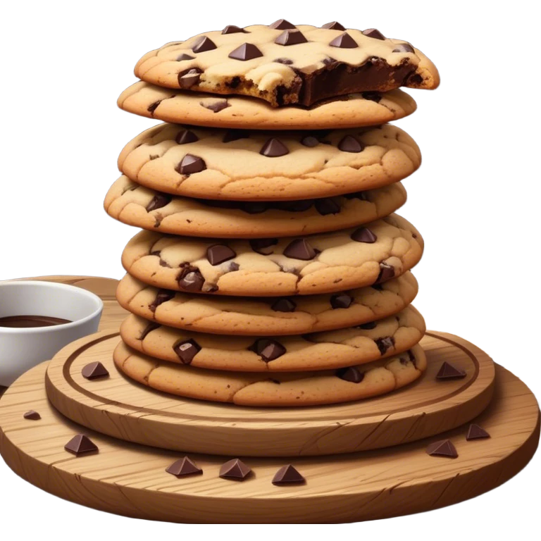 Cinematic crunchy chocolate chip cookies, freshly baked, golden-brown with gooey melted chocolate chunks, stacked on a rustic wooden plate, soft warm lighting, cozy and delicious. emoji