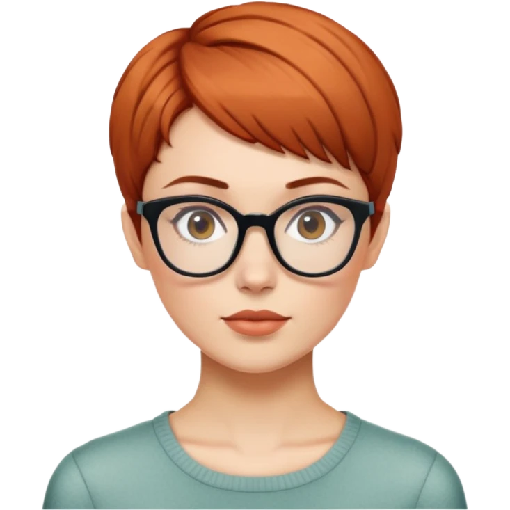 woman with auburn pixie cut (side part), rectangular glasses, neutral expression emoji