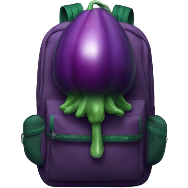a dark green canvas backpack with a single, ripe eggplant resting on top emoji