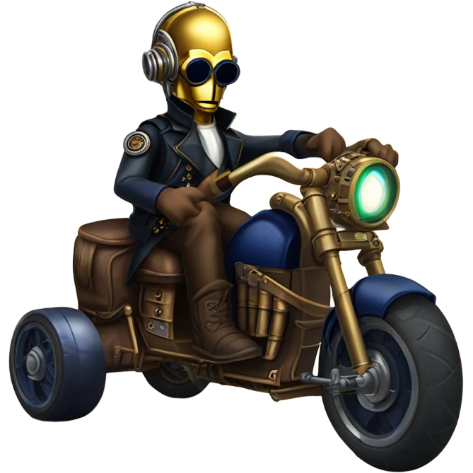 Bounty hunter C-3PO wearing a pair of navy-blue rimmed steampunk goggles, hat, leather chaps, fringe jacket riding a fast sporty 3 wheeler trike steampunk motorcycle on ice  emoji
