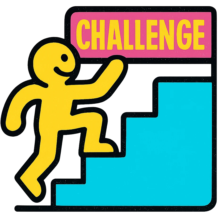 icon for 'challenge', person climbing stairs or overcoming barrier, colorful friendly style emoji