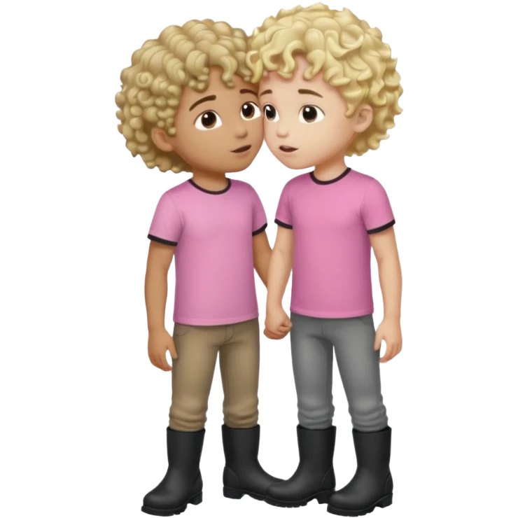 Two boys, one wearing all pink with curly brown hair and one blonde wearing a gray t shirt and black boots, they are kissing  emoji
