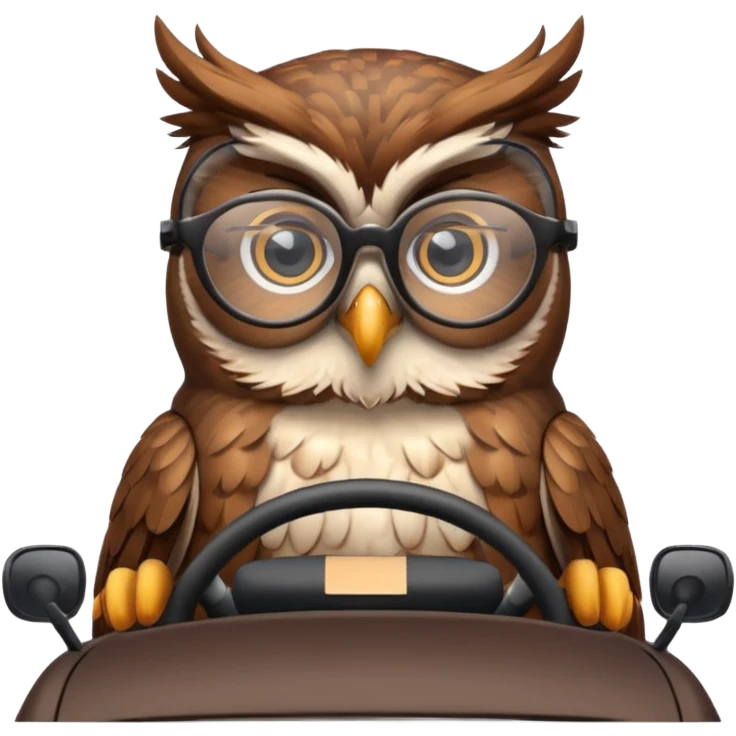 Сова в машине за рулем, в очках, с навигатором emoji