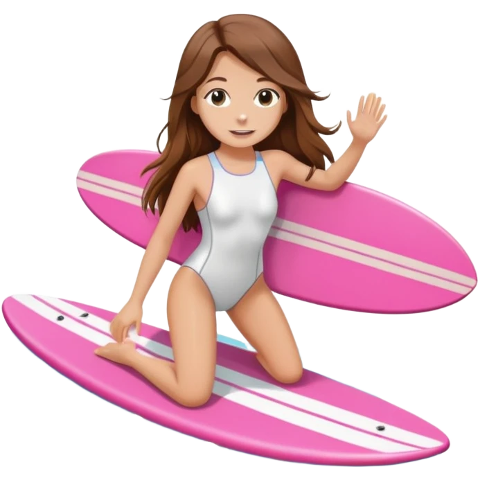 Girl with long brown hair surfing at pink short board in the white swimsuit  emoji