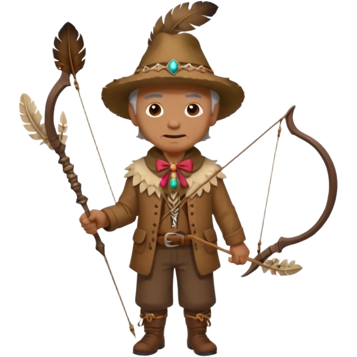 The classic image of a middle-aged uncle hunter carrying a bow, dressed in brown clothes, with some ornaments made of feathers, bones or teeth on his body. emoji