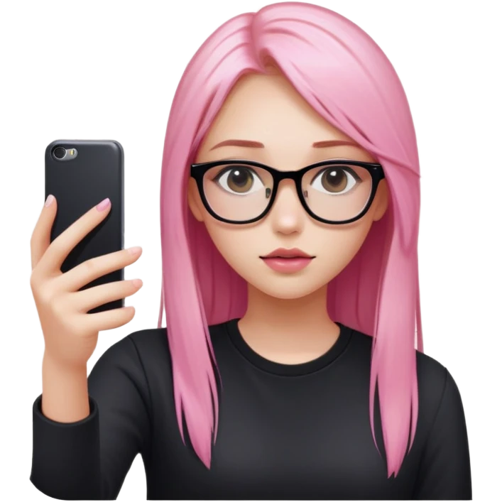 A teenage girl taking a selfie in a school bathroom. She has long, straight blonde and pink-dyed hair, wears rectangular glasses and a black shirt. Her expression is neutral with glossy lips emoji